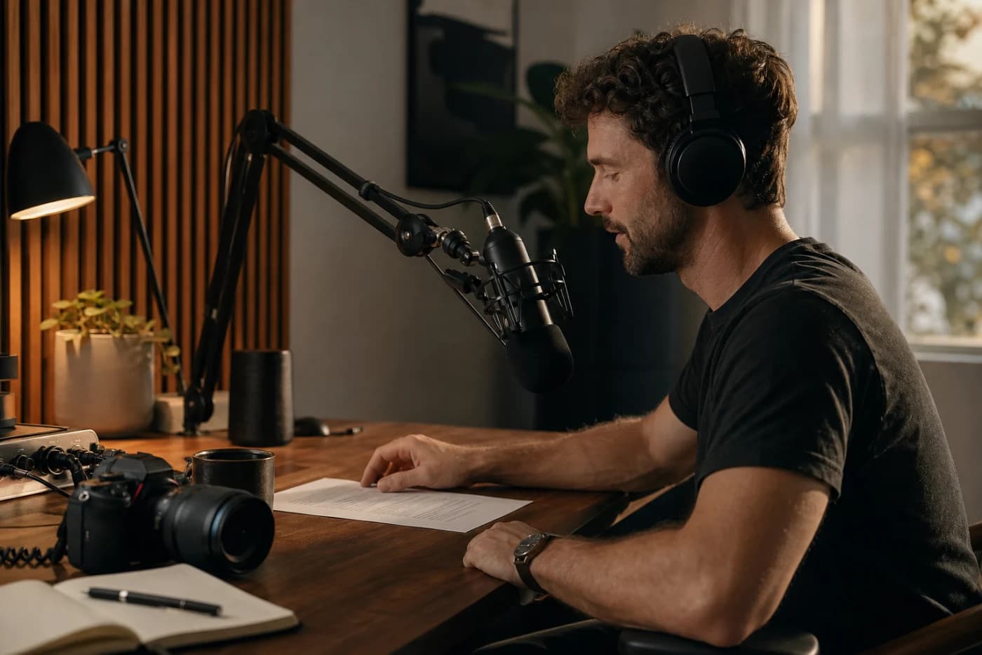 Creator editing a YouTube video with an AI narration waveform in a modern home studio
