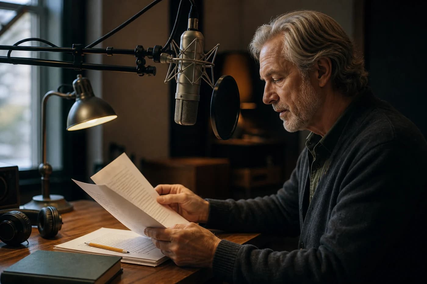 Audiobook producer reviewing a manuscript beside an AI narrator waveform and studio microphone